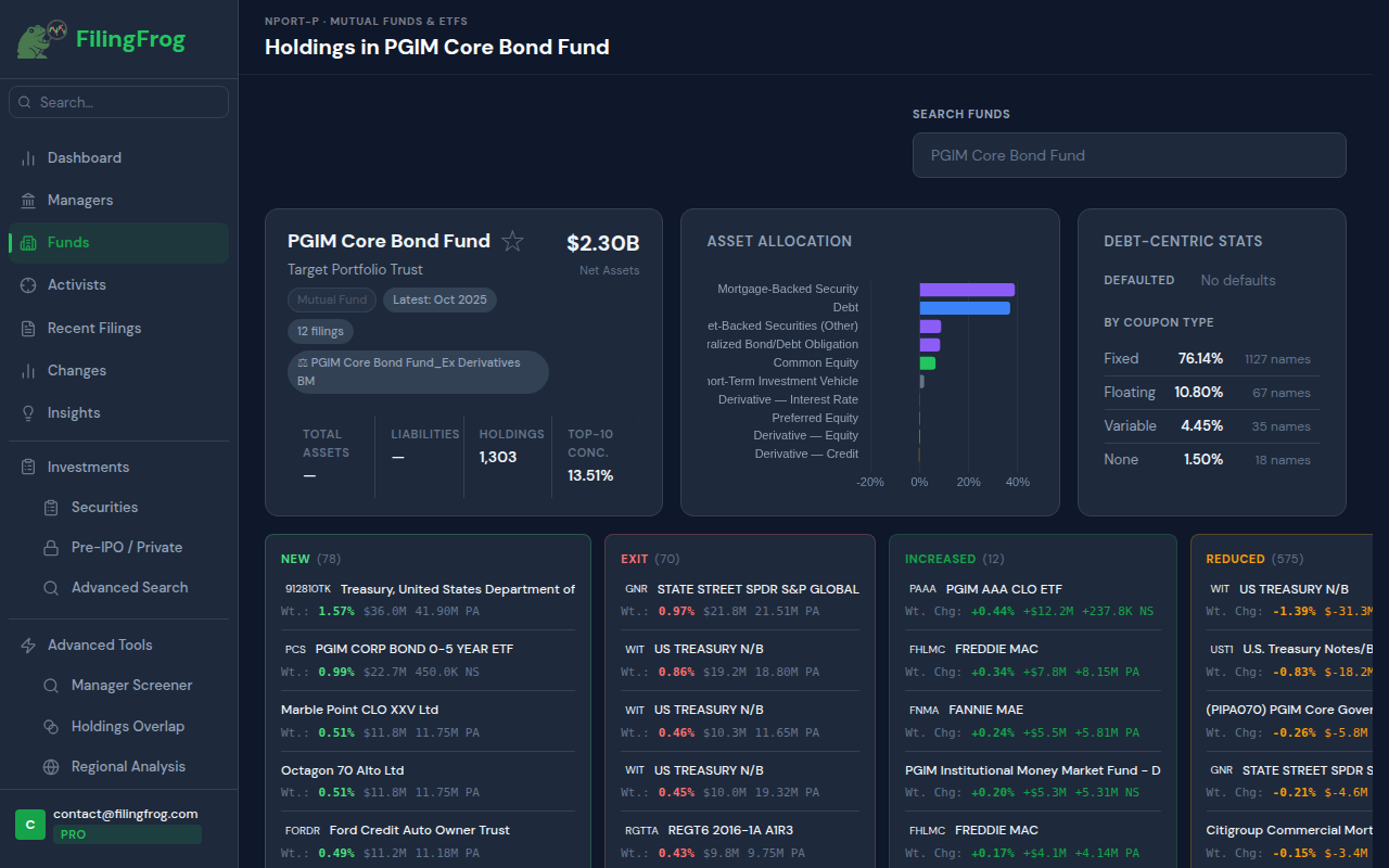 Fund profile page showing PGIM Core Bond Fund holdings and asset allocation
