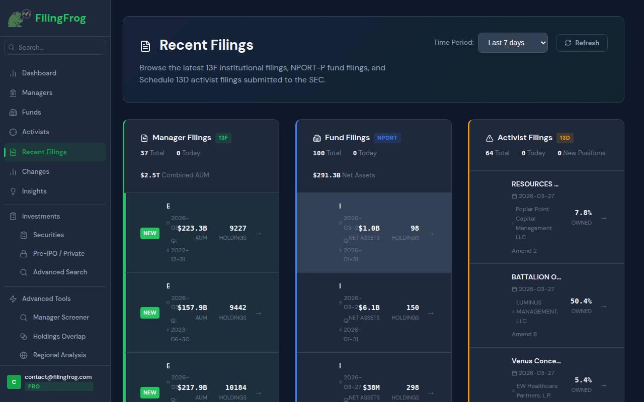 Recent Filings page showing manager, fund, and activist filings columns