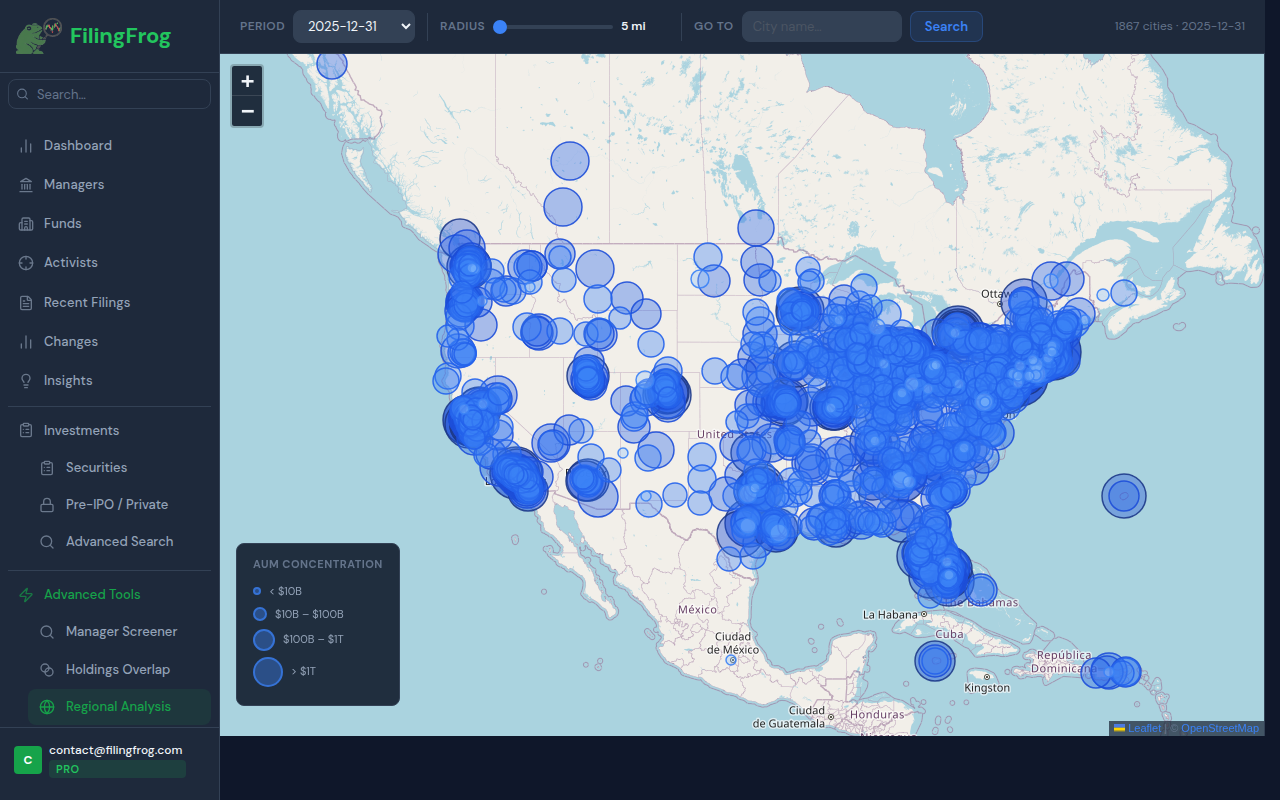 Regional Analysis map showing institutional AUM concentration across US cities