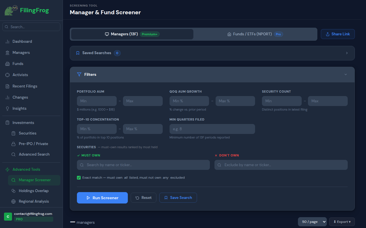 Manager Screener showing filter panel with AUM, growth, and ticker controls
