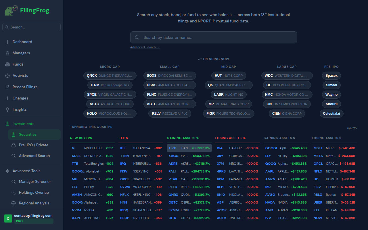 Securities page showing trending stocks by cap tier and last quarter movers