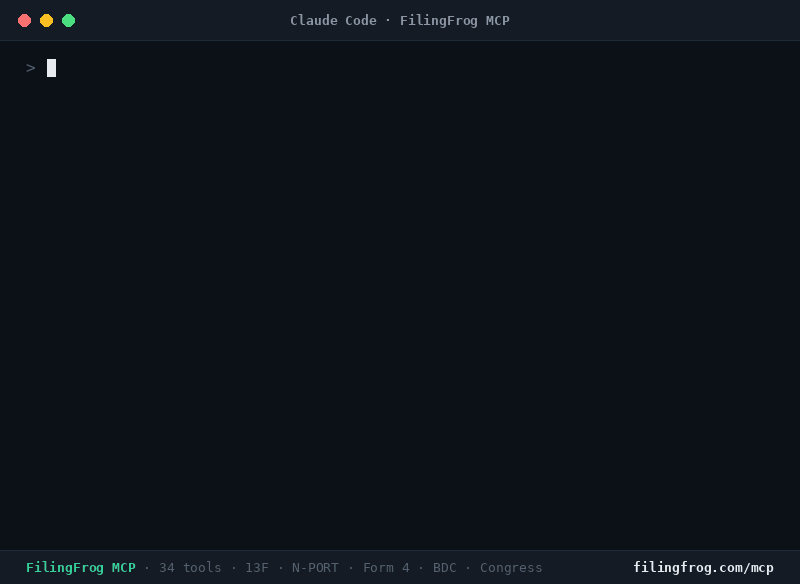 Claude Code querying FilingFrog over MCP: new NVDA institutional buyers, the biggest Congress trades, the funds most concentrated in NVDA, and fund exposure to r/wallstreetbets picks — answered with live filings data